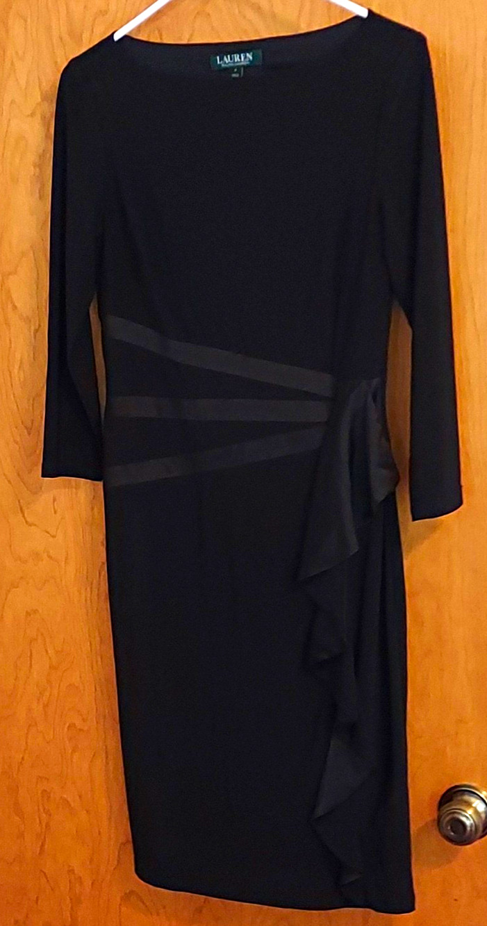 Lauren Ralph Lauren Black Knit Dress 3/4 Sleeve Ruffle Size 4 EUC classic lined